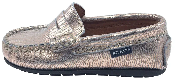 Atlanta Mocassin Girl's Rose Gold Printed Metallic Leather Slip On Moccasin Loafer Flat Shoe