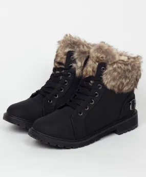 Black Faux Fur Lined Buckle Combat Boots