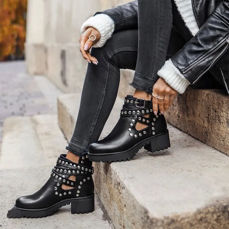 Black Rivet Detail Chunky Boots