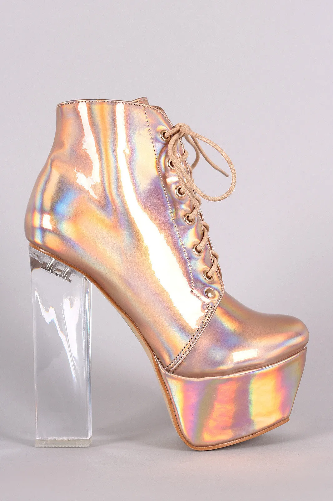 Hologram Lace Up Lucite Chunky Platform Heeled Booties