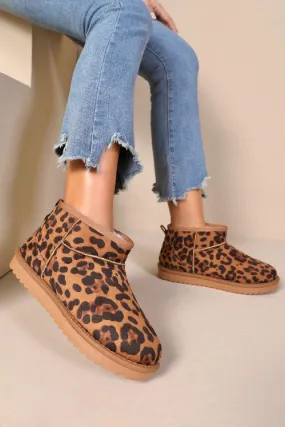 LEOPARD FAUX SUEDE ULTRA MINI COZY SNOW ANKLE BOOTS