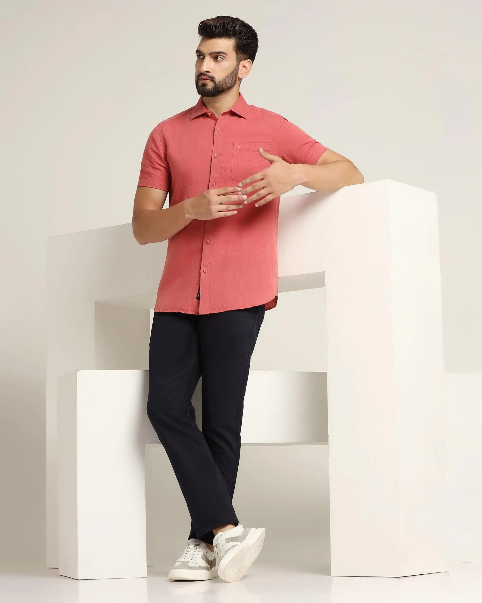 Linen Casual Half Sleeve Dusty Pink Solid Shirt - Salmon