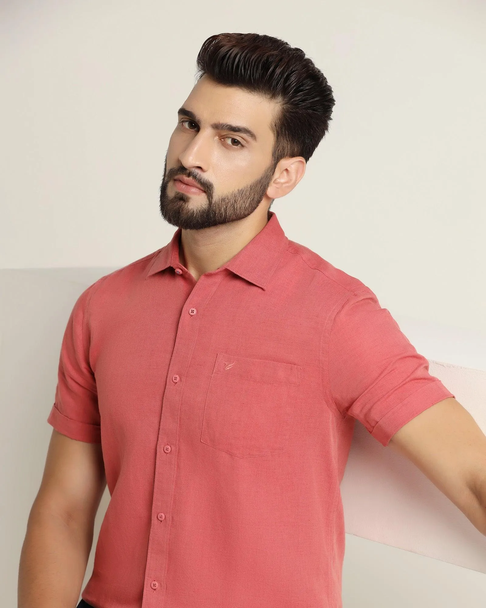 Linen Casual Half Sleeve Dusty Pink Solid Shirt - Salmon