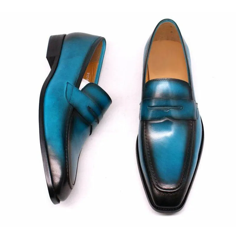 Mediterranean Blue & Black Ombré Tanned Cowhide Penny Loafers