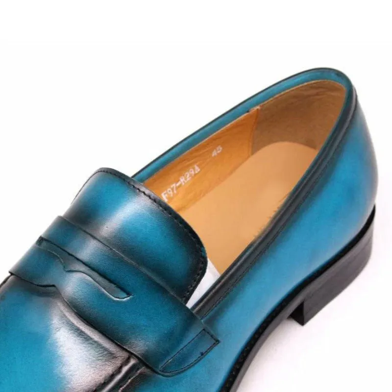 Mediterranean Blue & Black Ombré Tanned Cowhide Penny Loafers