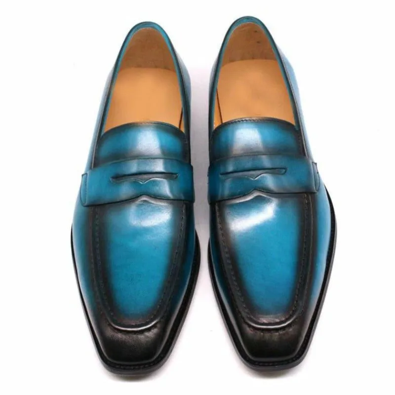 Mediterranean Blue & Black Ombré Tanned Cowhide Penny Loafers