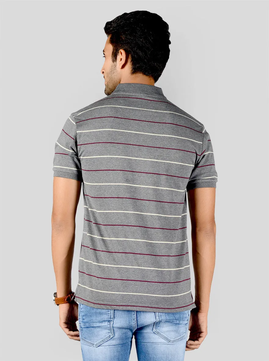 Mist Grey Striped Slim Fit Polo T-shirt | Greenfibre