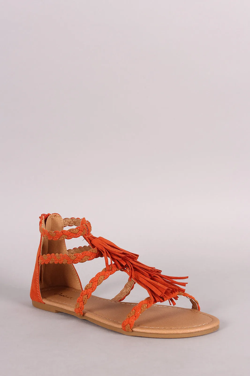 Qupid Tassel Strappy Braids Gladiator Flat Sandal