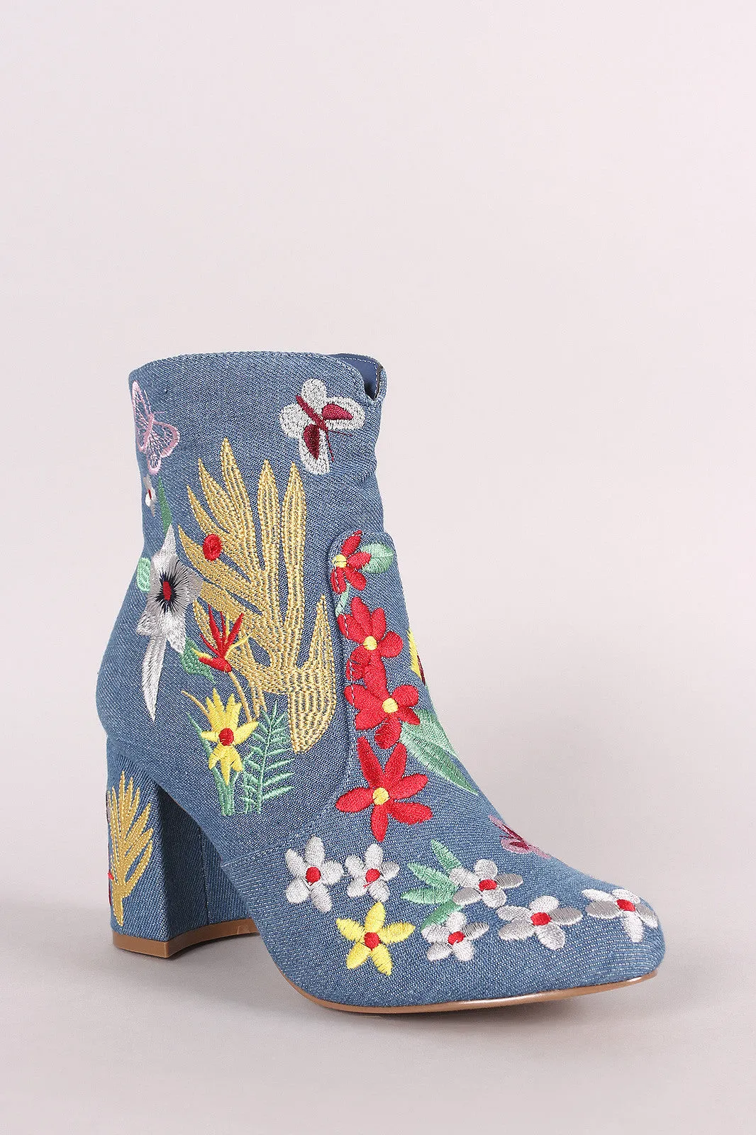 Shoe Republic LA Denim Embroidery Floral Chunky Heeled Booties