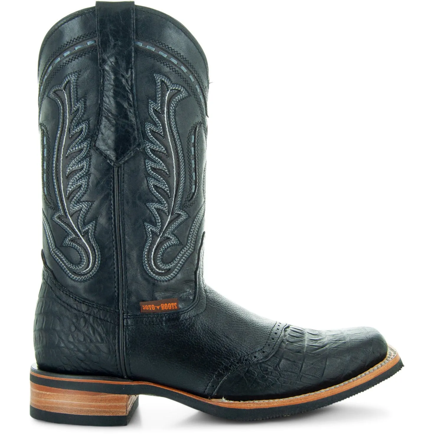 Soto Boots Men's Saddle Vamp Gator Belly Print Black Cowboy Boots H50039