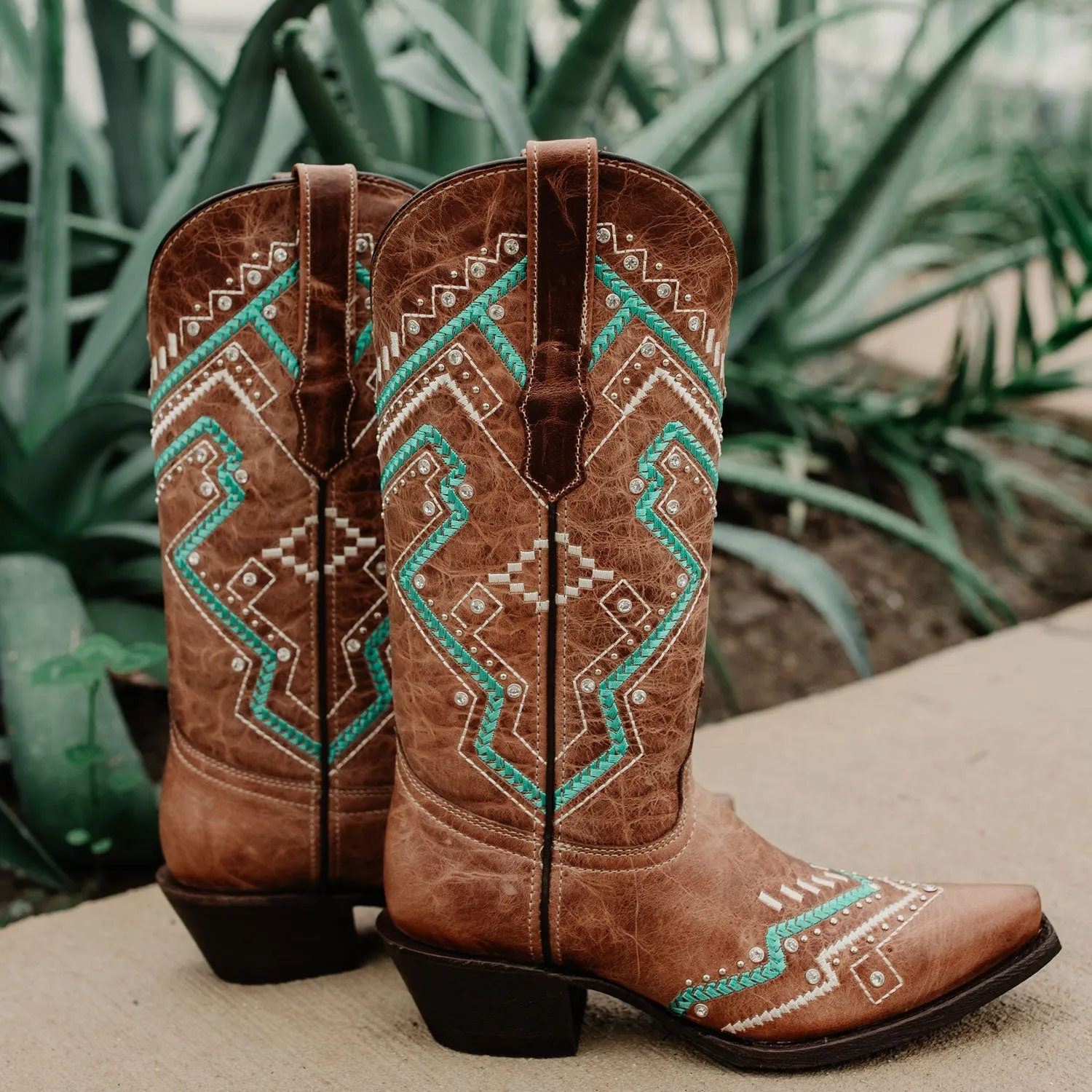 Soto Boots Womens Tan and Turquoise Embroidery Snip Toe Cowgirl Boots M50063