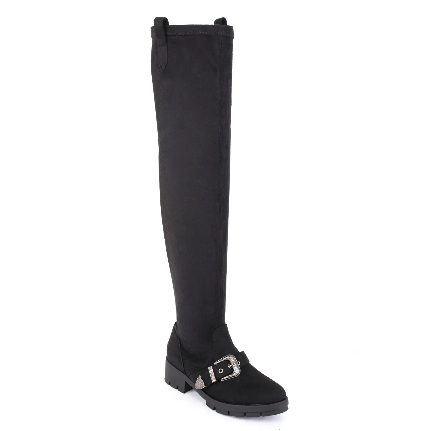 Suede Chunky Buckle Over The Knee Boots