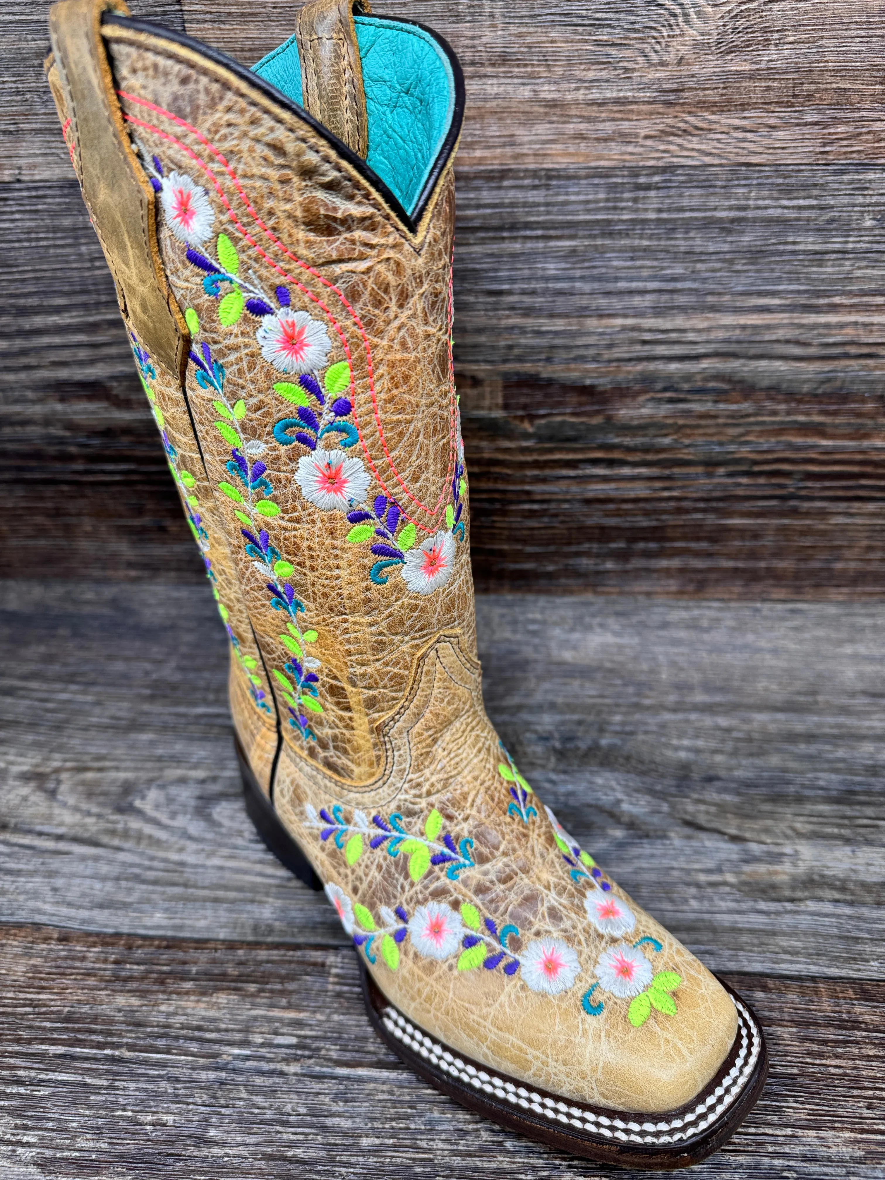 T0161 Teen Honey Floral Embroidery Square Toe Western Boot