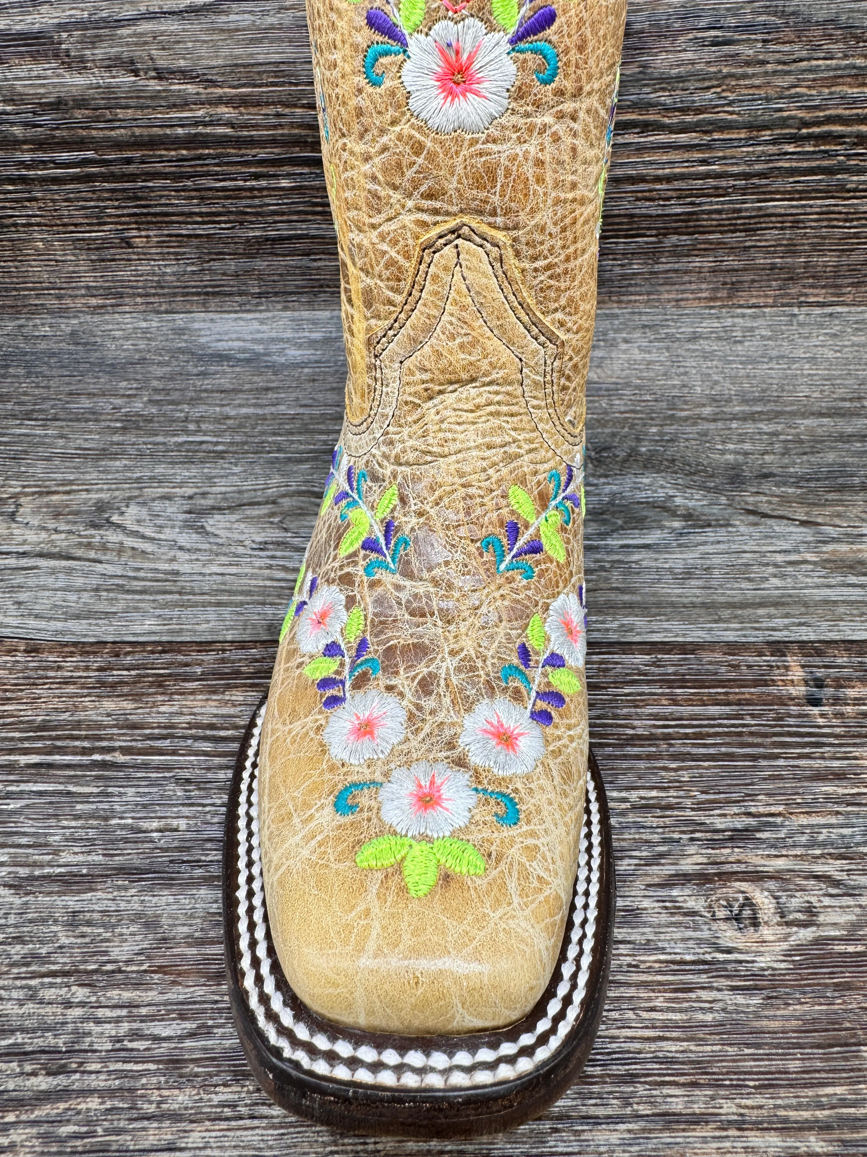 T0161 Teen Honey Floral Embroidery Square Toe Western Boot