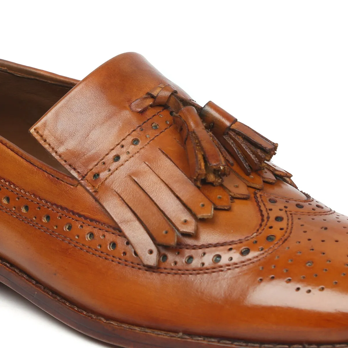 Tan Tassel with Fringes Long Tail Brogue Design Leather Men's Formal Slip-On by Brune & Bareskin