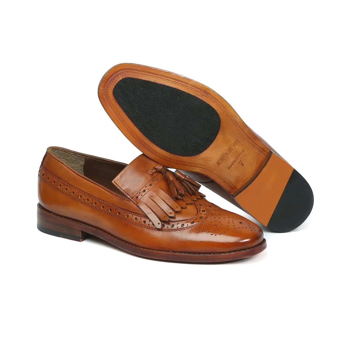 Tan Tassel with Fringes Long Tail Brogue Design Leather Men's Formal Slip-On by Brune & Bareskin