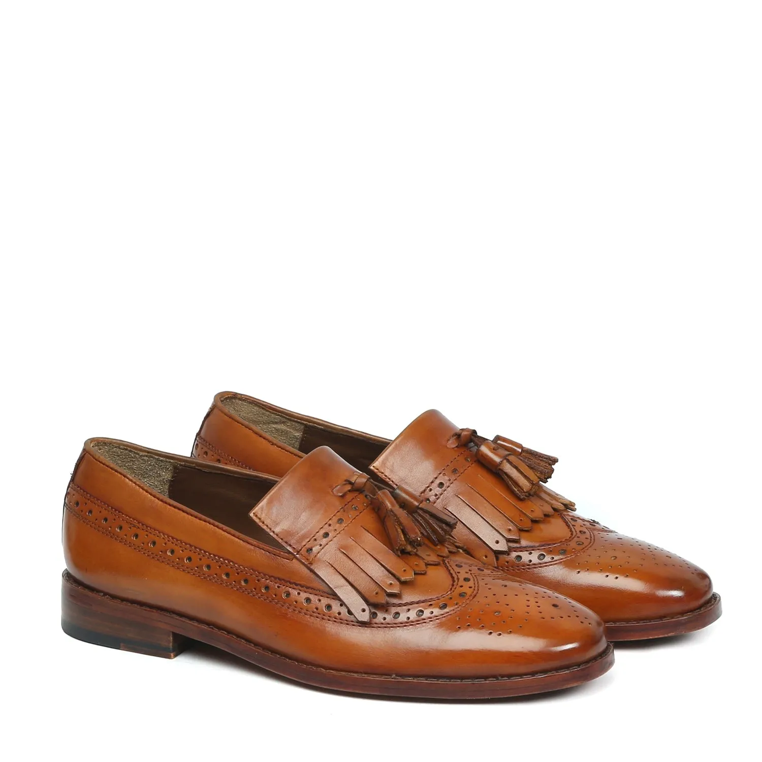 Tan Tassel with Fringes Long Tail Brogue Design Leather Men's Formal Slip-On by Brune & Bareskin