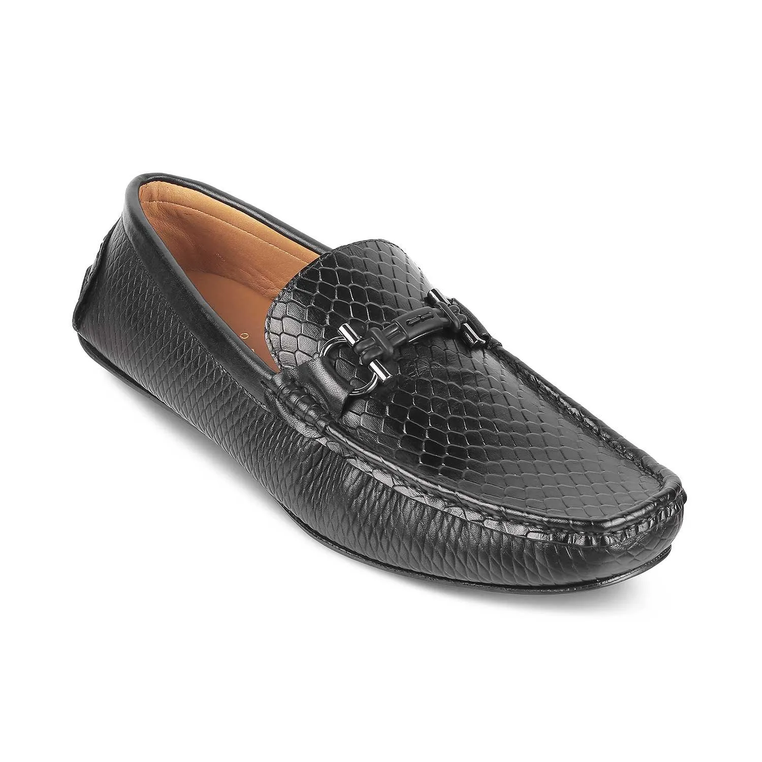 Tresmode Ferro Black Men's Textured Leather Driving Loafers