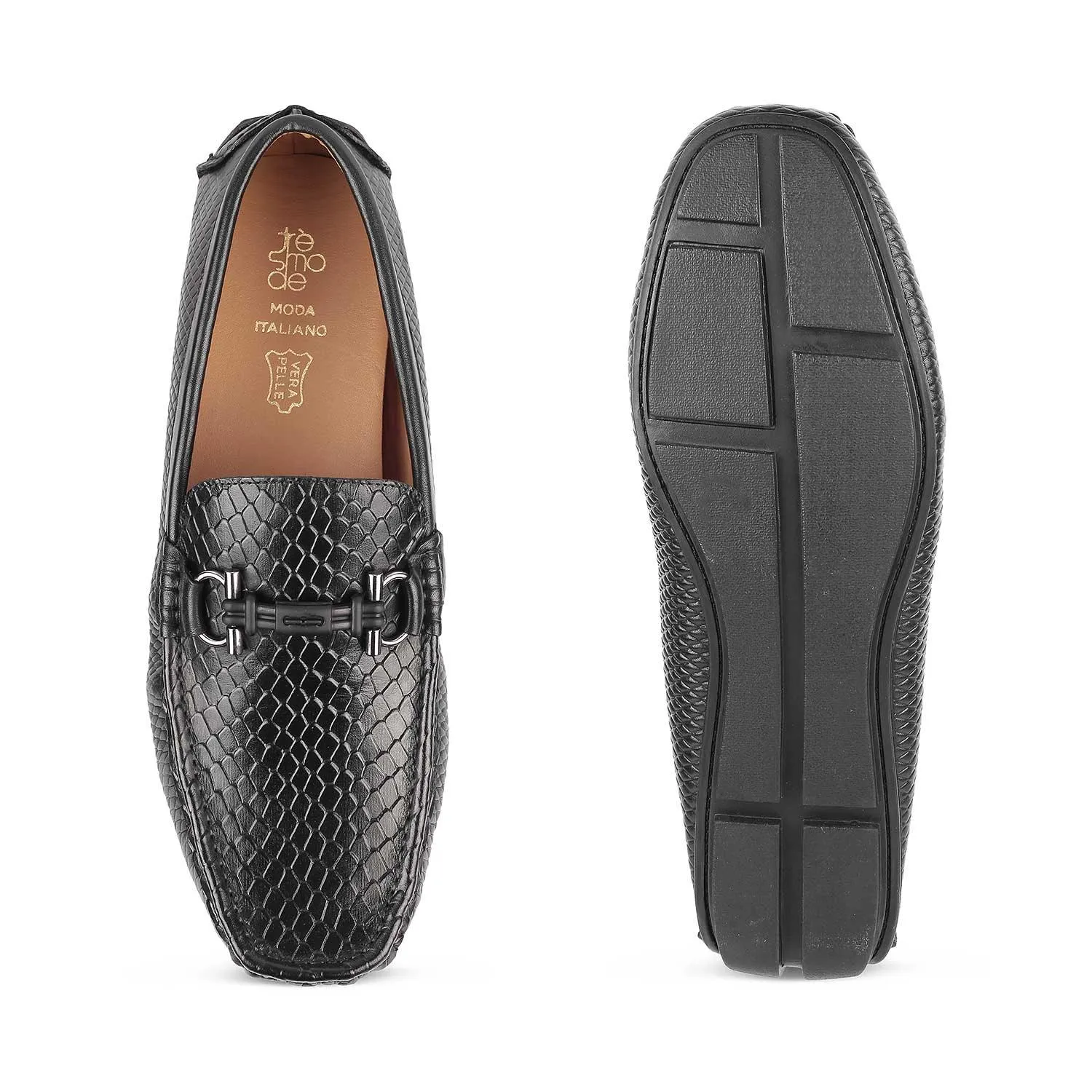 Tresmode Ferro Black Men's Textured Leather Driving Loafers