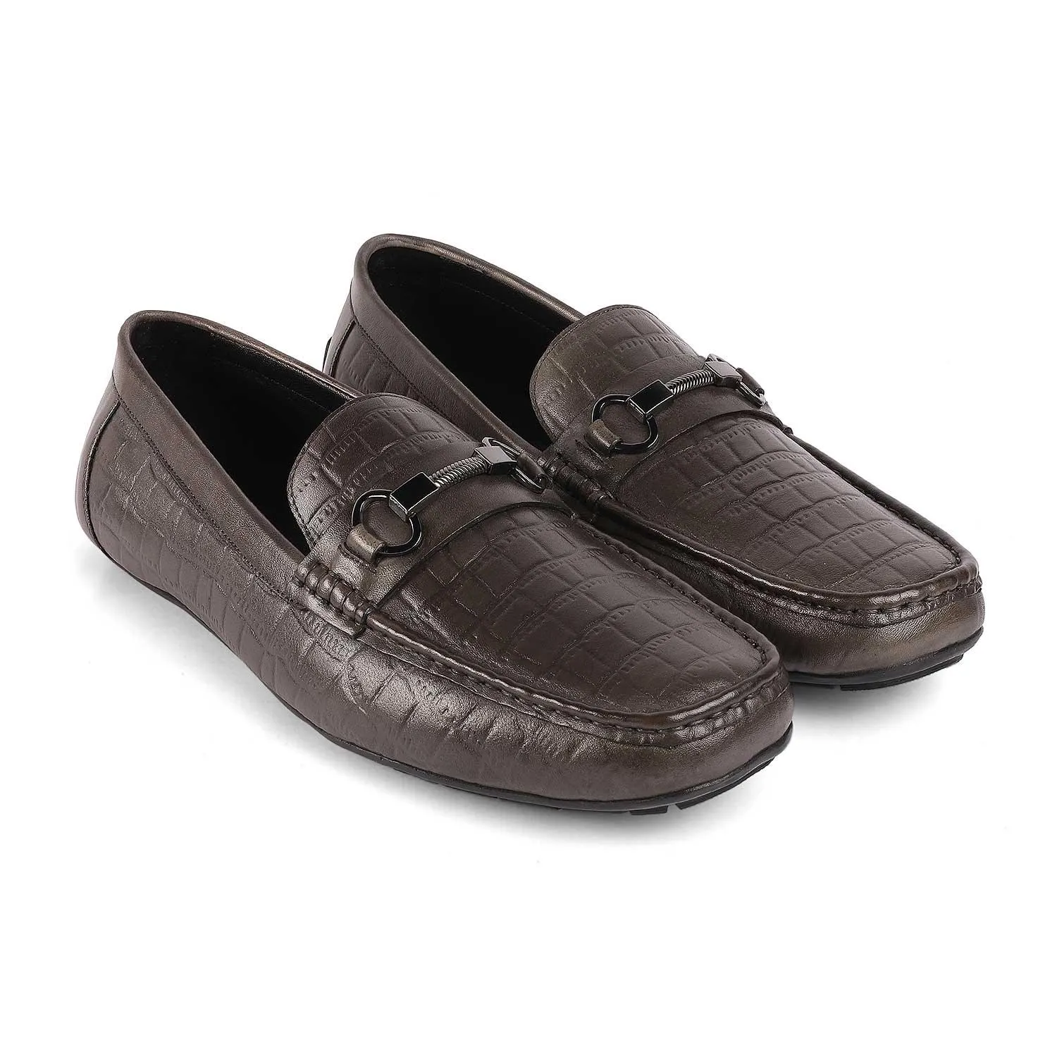 Tresmode Miluck Grey Men's Textured Leather Driving Loafers